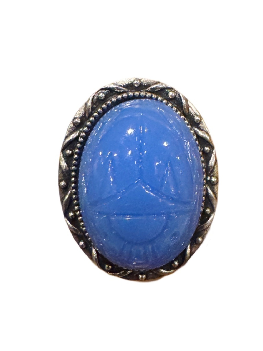 Egyptian Scarab Beetle Ring in Vintage Cherry Calcedon Blue Glass